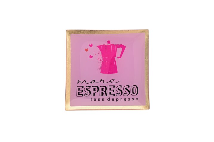 More Espresso, Less Depresso Ablageschale – Rosa mit Gold – Stilvolle Deko für Kaffeeliebhaber