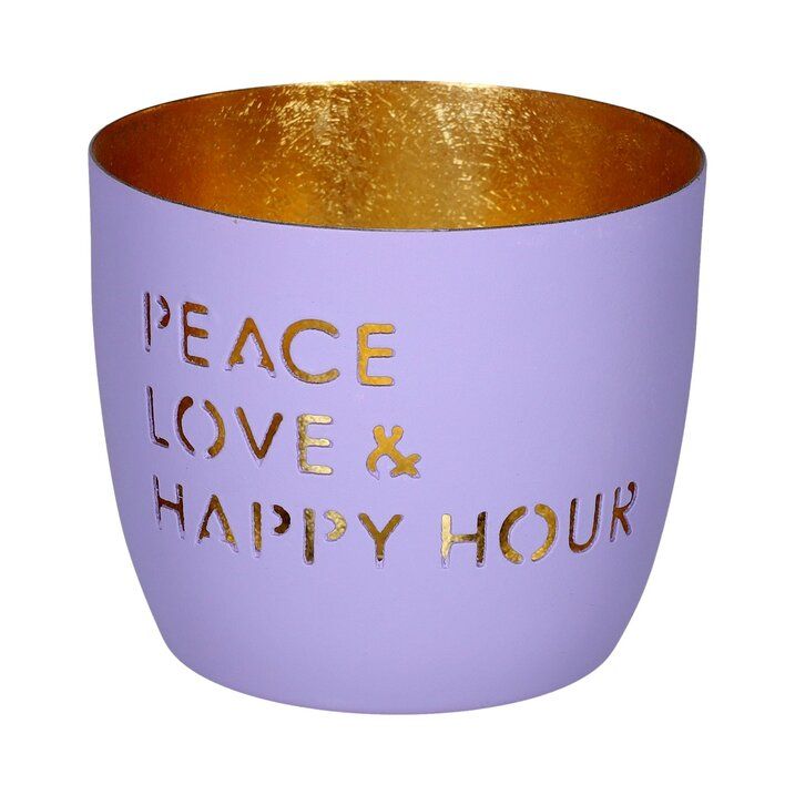 Peace Love & Happy Hour Windlicht – Lila mit Gold – Stilvolle Deko für entspannte Abende